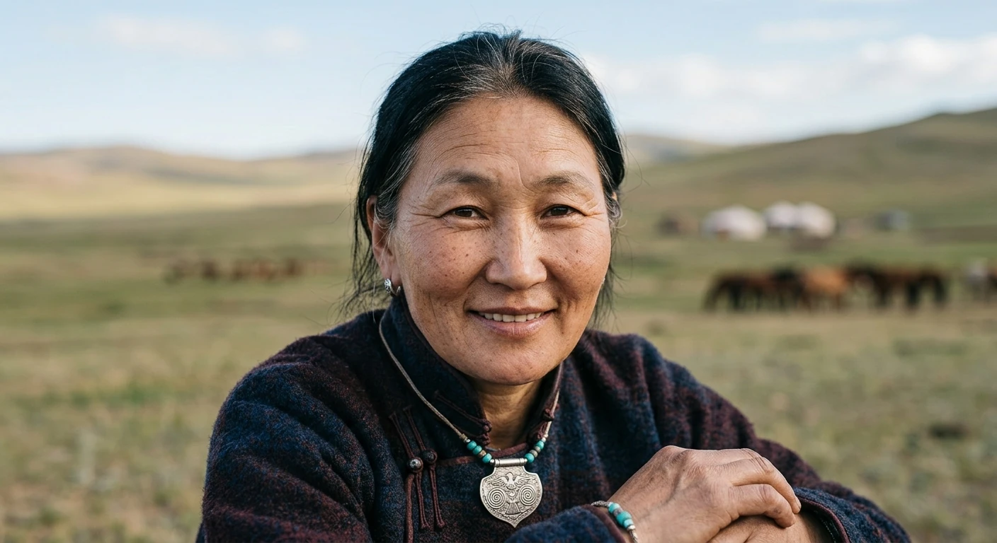 Anya Udgan, in the Mongolian steppe. In the distance, yurts and a herd of horses.