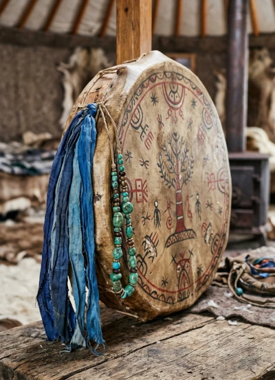 The inherited hide drum, larch wood frame, blue ribbons and turquoise bead cord